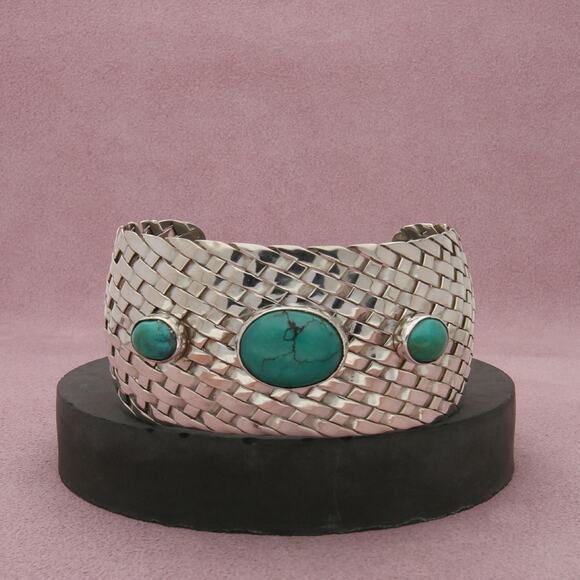 taxco mexico sterling silver vintage turquoise woven cuff bracelet size 7.25in - Picture 1 of 3